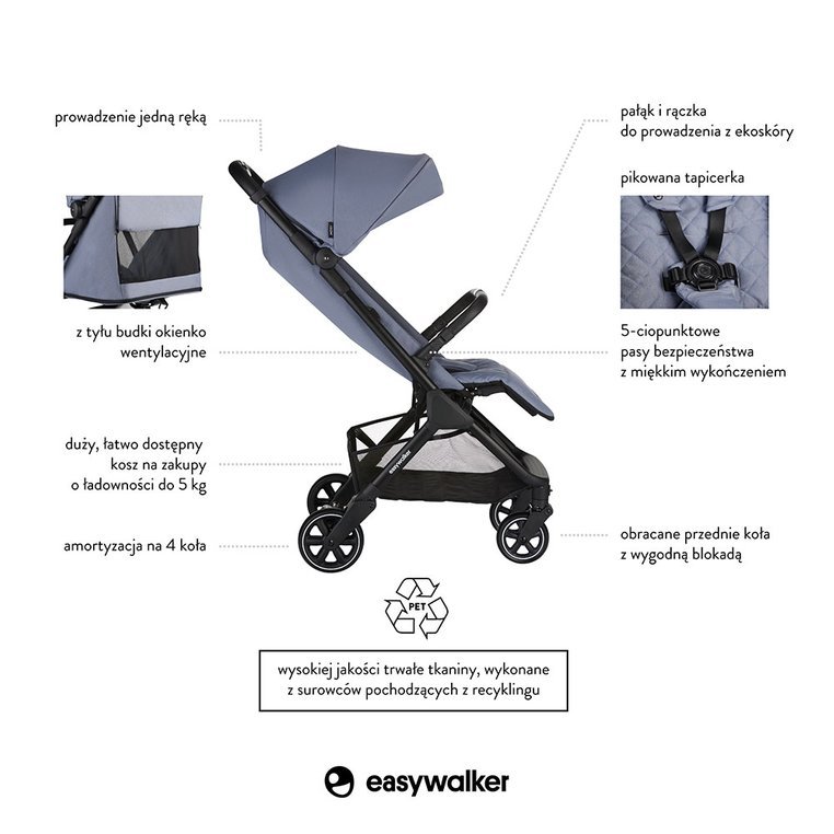 EJA10005 Easywalker Jackey Kompaktowy, samoskładający się wózek spacerowy z torbą transportową Steel Grey