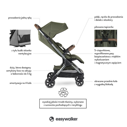 Easywalker Jackey Kompaktowy, samoskładający się wózek spacerowy z torbą transportową Emerald Edition