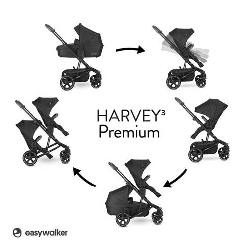 Easywalker Harvey³ Premium Wózek głęboko-spacerowy Jet Black All Black (zawiera stelaż, siedzisko z budką i pałąkiem z ekoskóry)