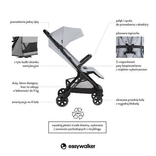 Easywalker Jackey Kompaktowy, samoskładający się wózek spacerowy z torbą transportową Pebble Grey