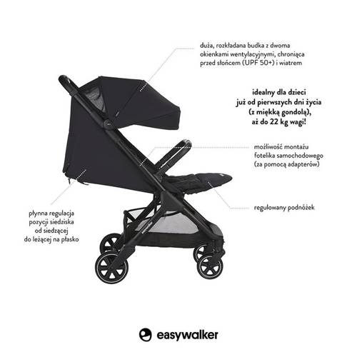 Easywalker Jackey Kompaktowy, samoskładający się wózek spacerowy z torbą transportową Shadow Black