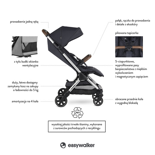 Easywalker Jackey Special Edition Kompaktowy, samoskładający się wózek spacerowy z torbą transportową Platinum
